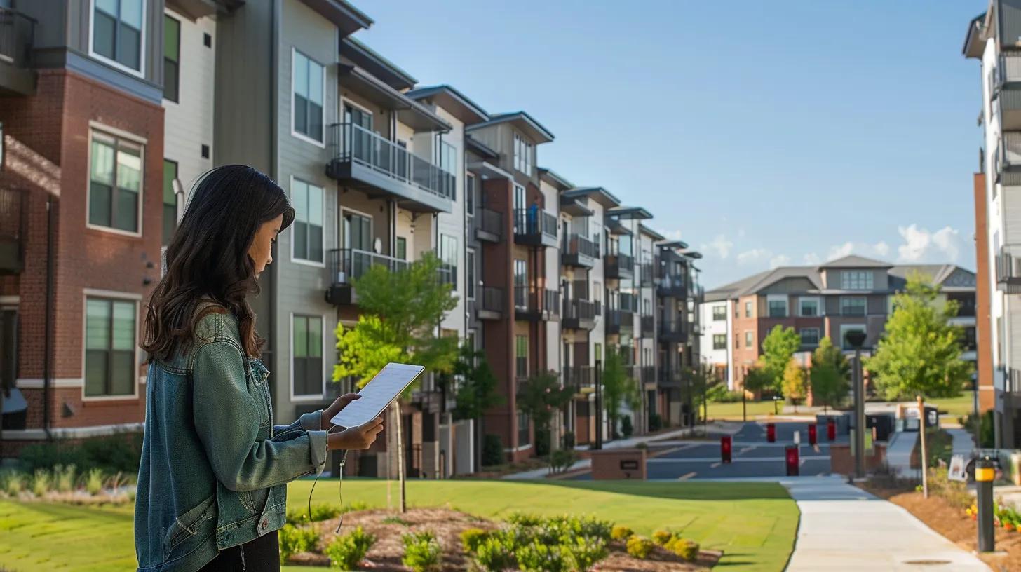 a focused and dynamic scene of a modern urban apartment complex in little rock, showcasing a young professional reviewing apartment listings on a sleek tablet while surrounded by vibrant interior design elements.