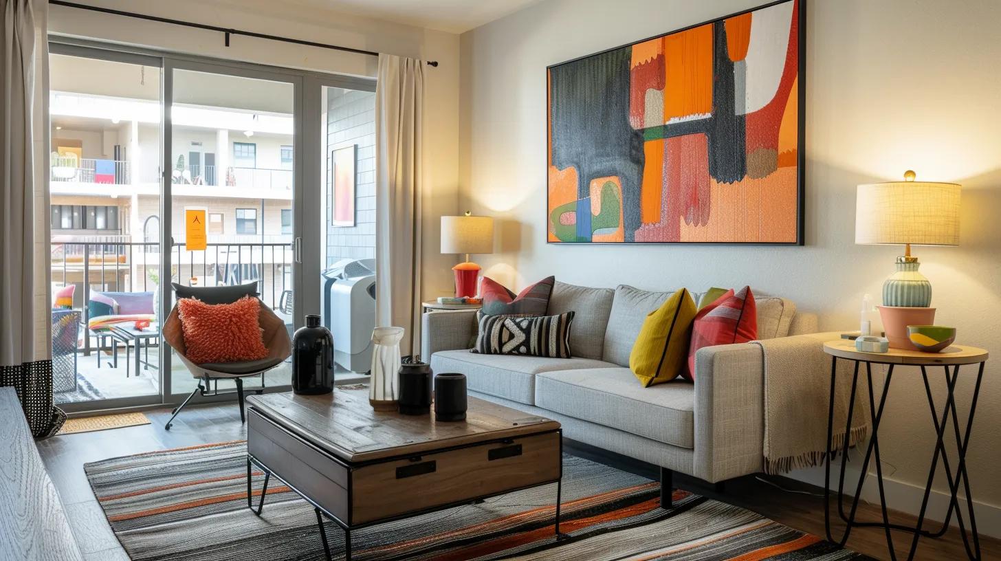 a stylish, modern apartment interior in little rock showcases an inviting living space with contemporary furniture, vibrant artwork, and organized moving boxes, symbolizing a fresh start and the excitement of urban living.