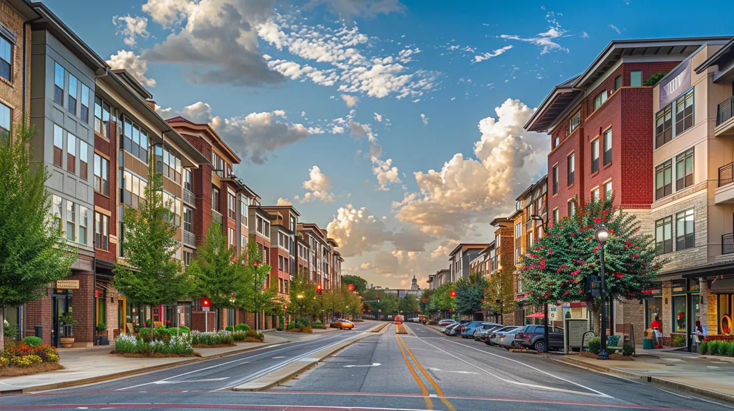 a vibrant urban landscape showcases stylish apartment buildings nestled near popular local attractions, with cafes and entertainment venues bustling with activity, emphasizing the blend of convenience and lifestyle in little rock.