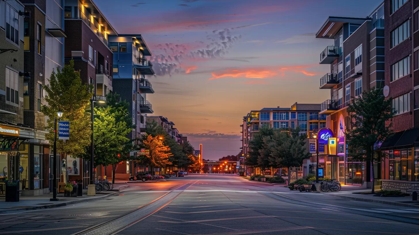 a vibrant urban street scene in little rock, showcasing a mix of modern apartment buildings and charming cafes that reflect the diverse lifestyles and amenities of the city's neighborhoods, illuminated by the warm glow of evening lights.